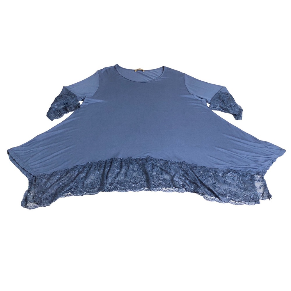 Beyond Capri Tunic Top Womens OS Blue Oversized Lace Hem Lagenlook Boho Italy - Picture 11 of 16